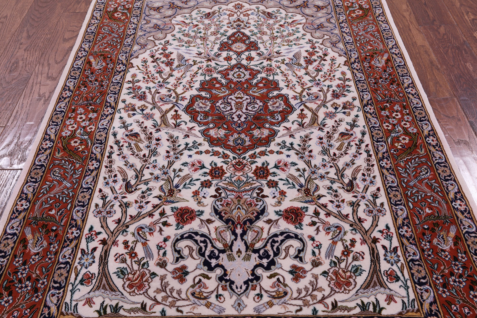 Ivory Signed Authentic Isfahan Wool & Silk Persian Rug 3' 7" X 5' 4" - Golden Nile