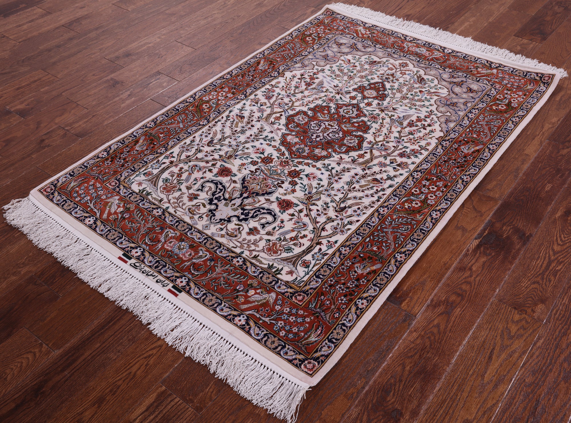 Ivory Signed Authentic Isfahan Wool & Silk Persian Rug 3' 7" X 5' 4" - Golden Nile