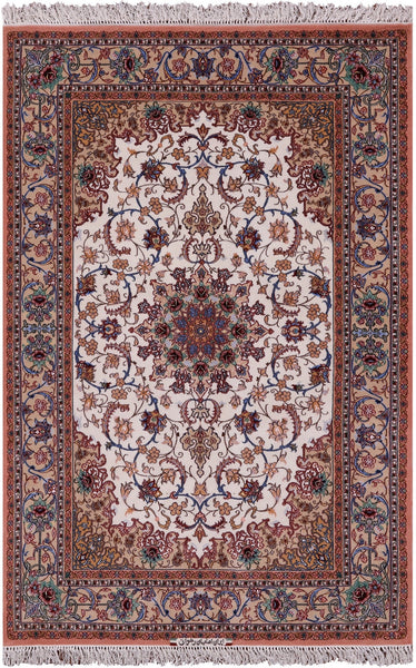 Ivory Isfahan Authentic Persian Hand Knotted Wool & Silk Area Rug - 4' 2" X 6' 3" - Golden Nile