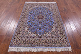 Blue Isfahan Authentic Persian Hand Knotted Wool & Silk Area Rug - 4' 3" X 6' 4" - Golden Nile