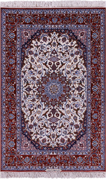 Ivory Isfahan Authentic Persian Hand Knotted Wool & Silk Area Rug - 4' 3" X 6' 8" - Golden Nile