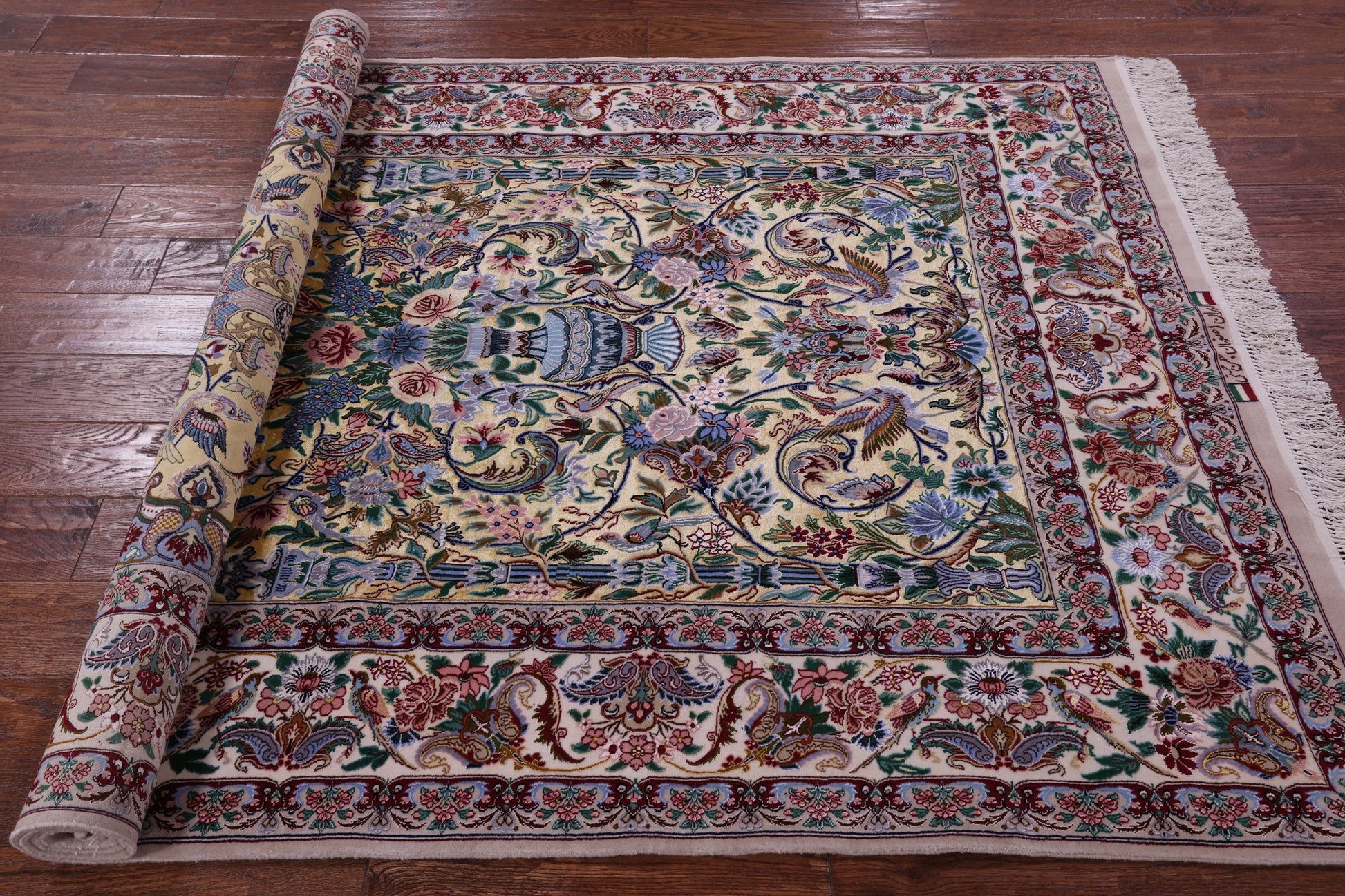 Gold Isfahan Authentic Persian Hand Knotted Wool & Silk Area Rug - 4' 11" X 7' 9" - Golden Nile