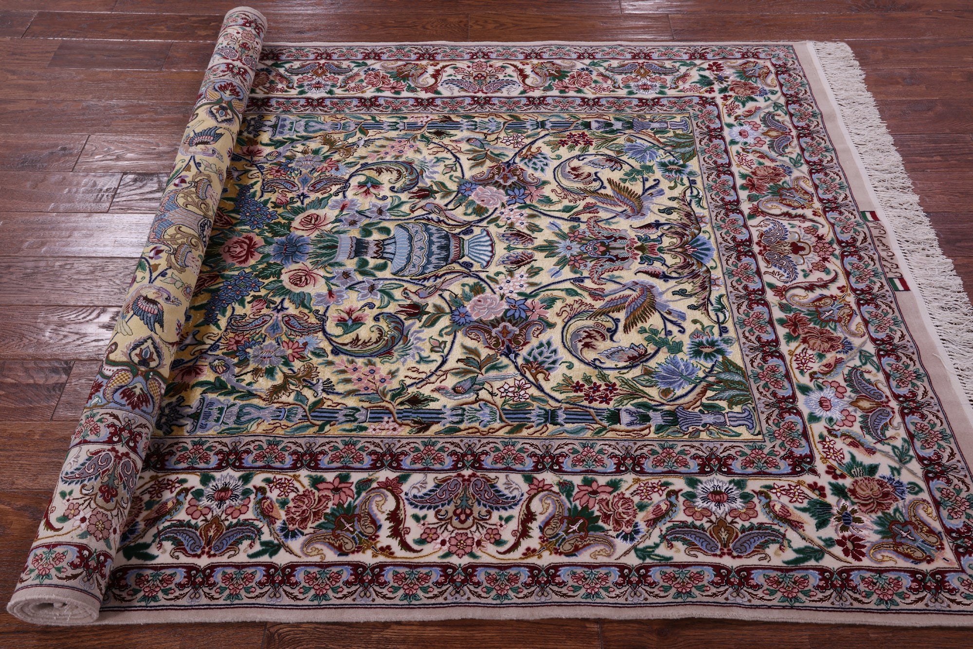 Gold Isfahan Authentic Persian Hand Knotted Wool & Silk Area Rug - 4' 11" X 7' 9" - Golden Nile