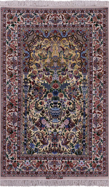 Gold Isfahan Authentic Persian Hand Knotted Wool & Silk Area Rug - 4' 11" X 7' 9" - Golden Nile
