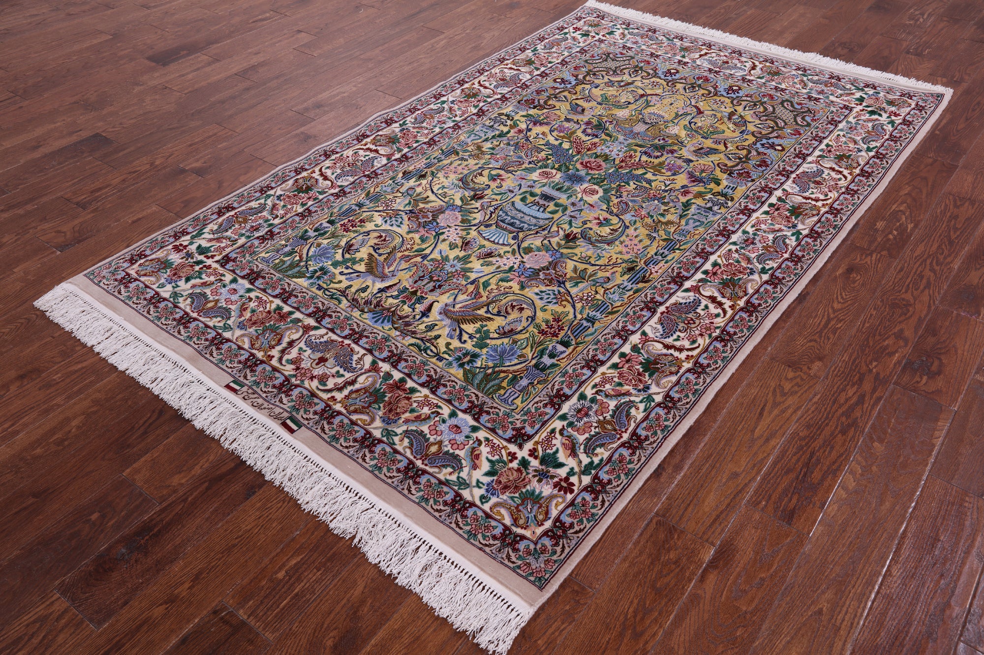 Gold Isfahan Authentic Persian Hand Knotted Wool & Silk Area Rug - 4' 11" X 7' 9" - Golden Nile