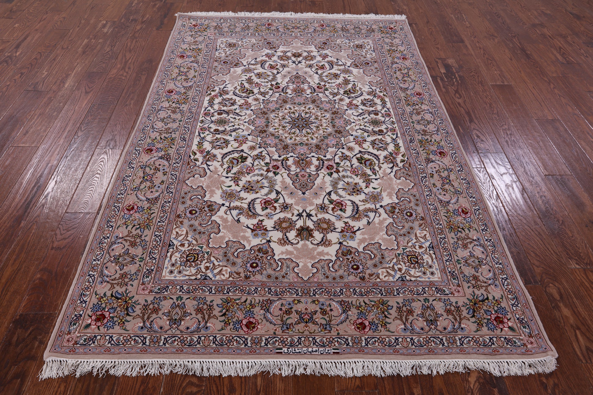 Ivory Isfahan Authentic Persian Hand Knotted Wool & Silk Area Rug - 5' 1" X 7' 9" - Golden Nile