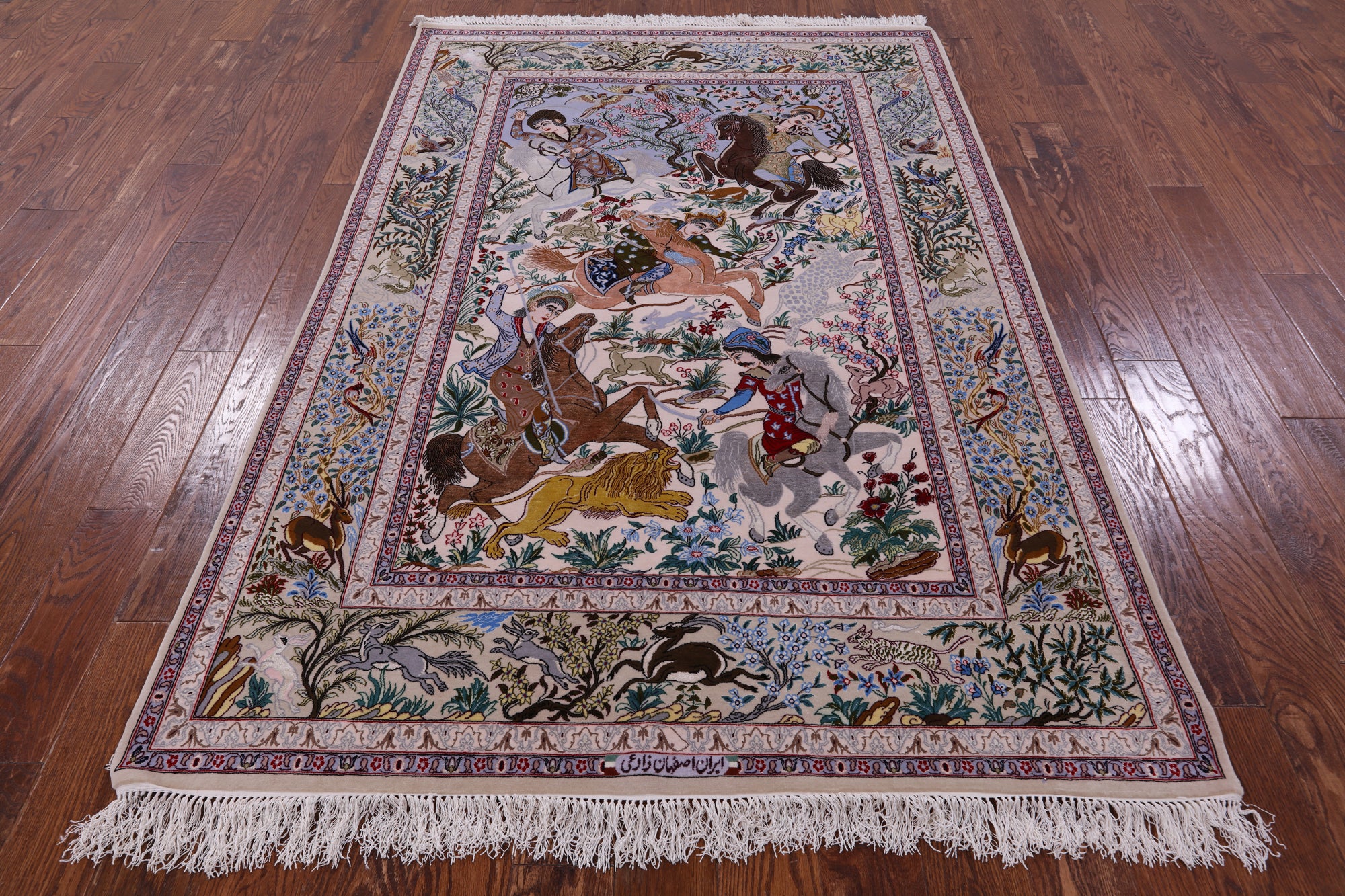 Pictorial Isfahan Authentic Persian Hand Knotted Wool & Silk Area Rug - 4' 11" X 7' 4" - Golden Nile