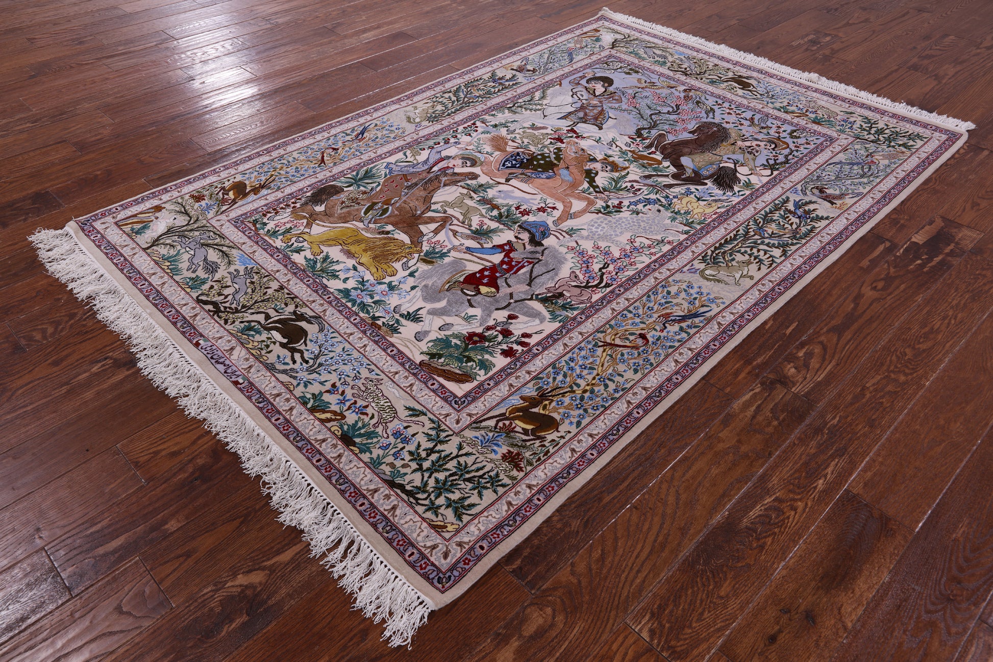 Pictorial Isfahan Authentic Persian Hand Knotted Wool & Silk Area Rug - 4' 11" X 7' 4" - Golden Nile