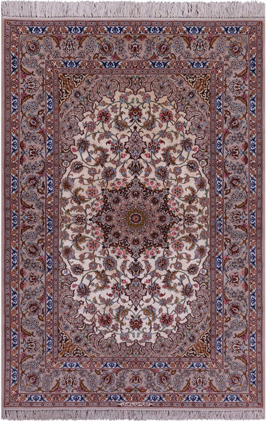 Ivory Isfahan Authentic Persian Hand Knotted Wool & Silk Area Rug - 5' 2" X 7' 8" - Golden Nile