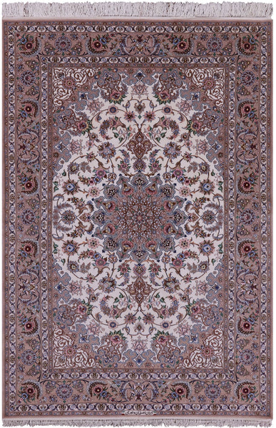 Ivory Isfahan Authentic Persian Hand Knotted Wool & Silk Area Rug - 5' 3" X 7' 9" - Golden Nile
