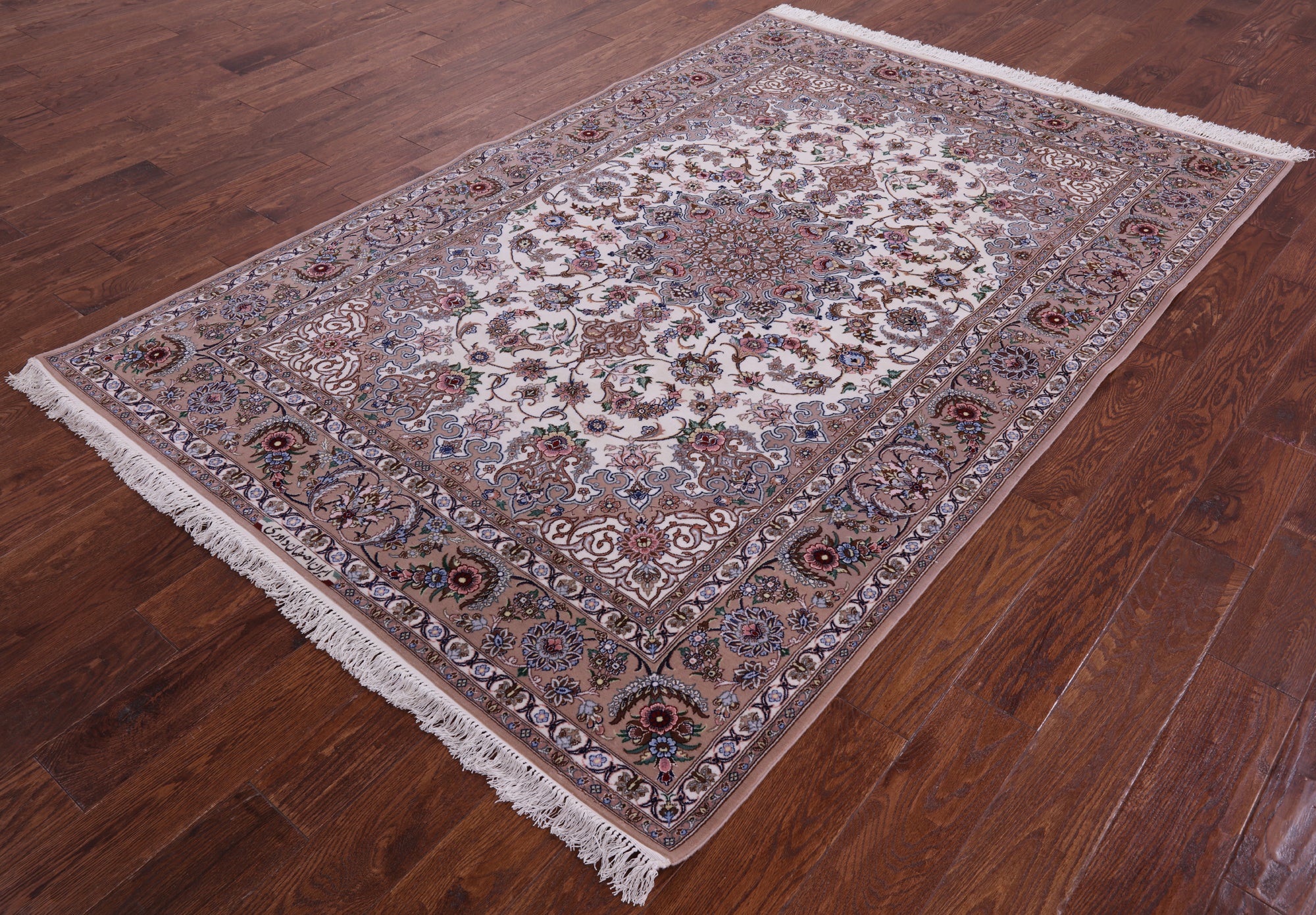 Ivory Isfahan Authentic Persian Hand Knotted Wool & Silk Area Rug - 5' 3" X 7' 9" - Golden Nile