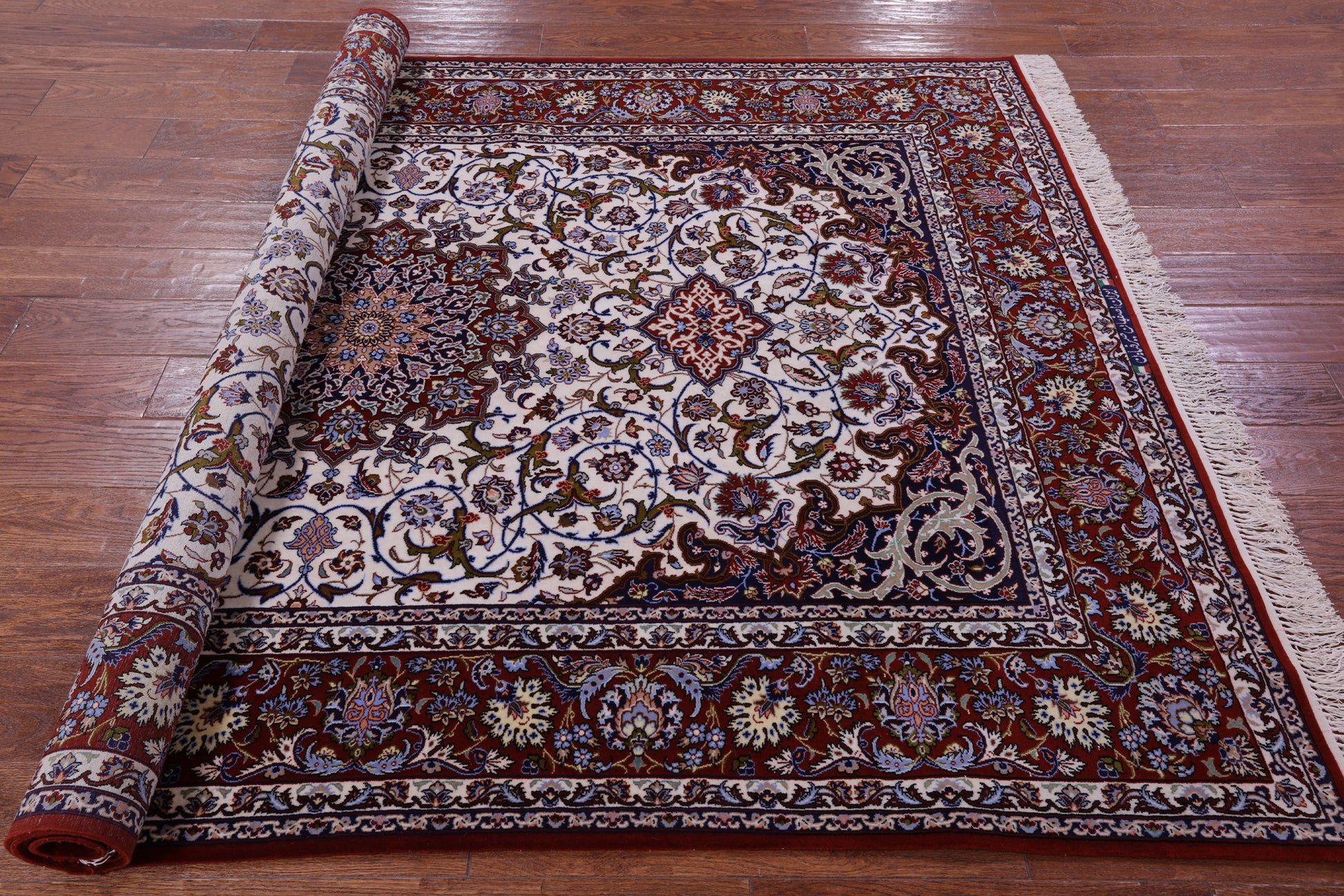 Ivory Handmade Authentic Signed Isfahan Wool & Silk Persian Rug - 5' 3" X 7' 10" - Golden Nile