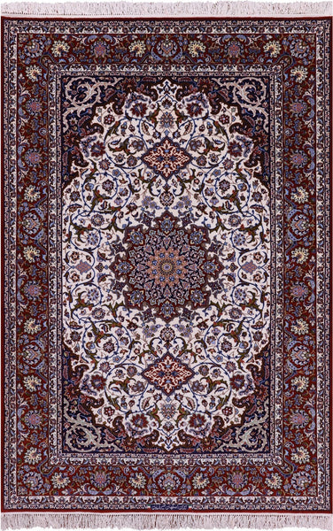 Ivory Handmade Authentic Signed Isfahan Wool & Silk Persian Rug - 5' 3" X 7' 10" - Golden Nile