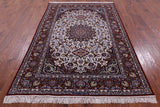 Ivory Handmade Authentic Signed Isfahan Wool & Silk Persian Rug - 5' 3" X 7' 10" - Golden Nile
