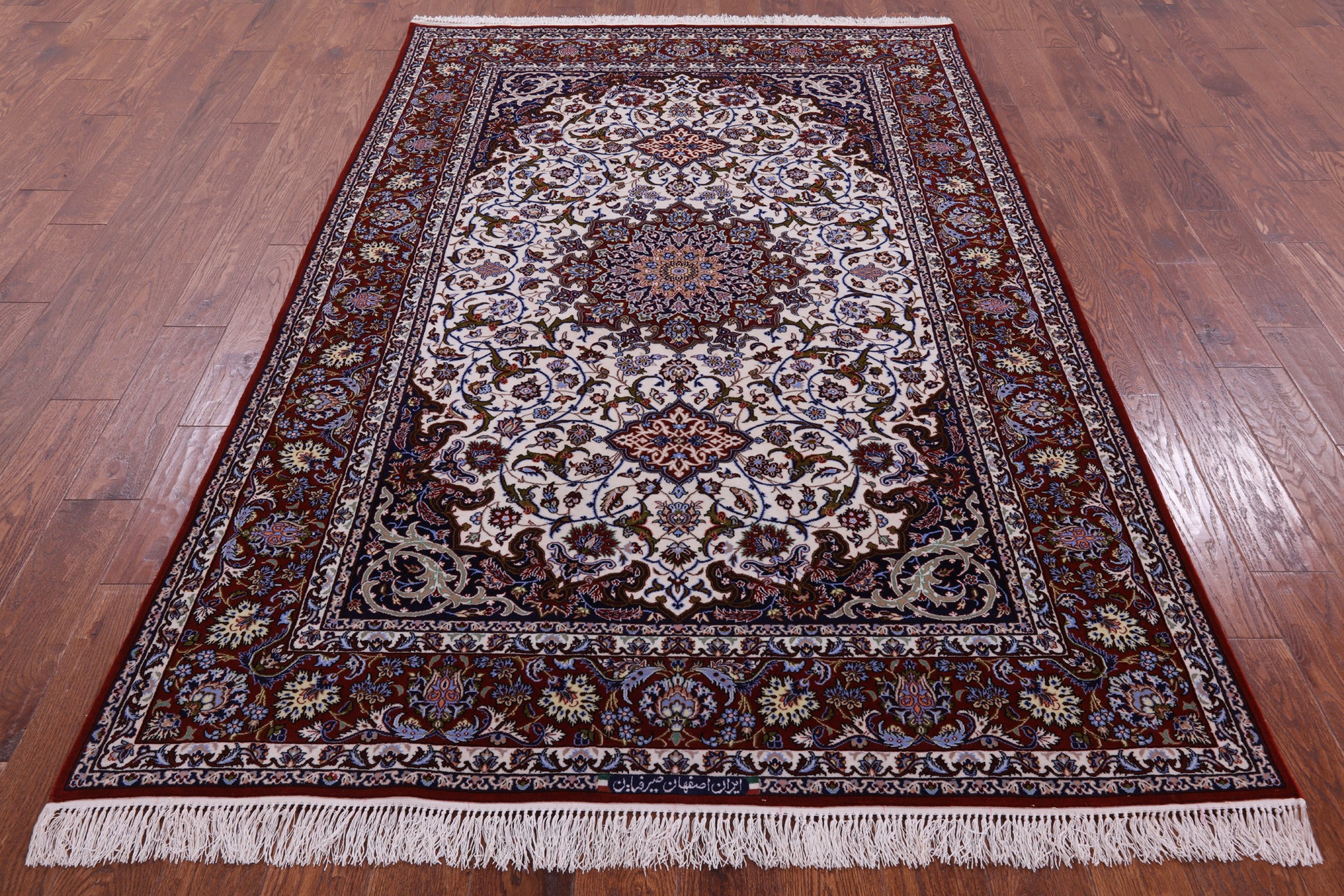 Ivory Handmade Authentic Signed Isfahan Wool & Silk Persian Rug - 5' 3" X 7' 10" - Golden Nile