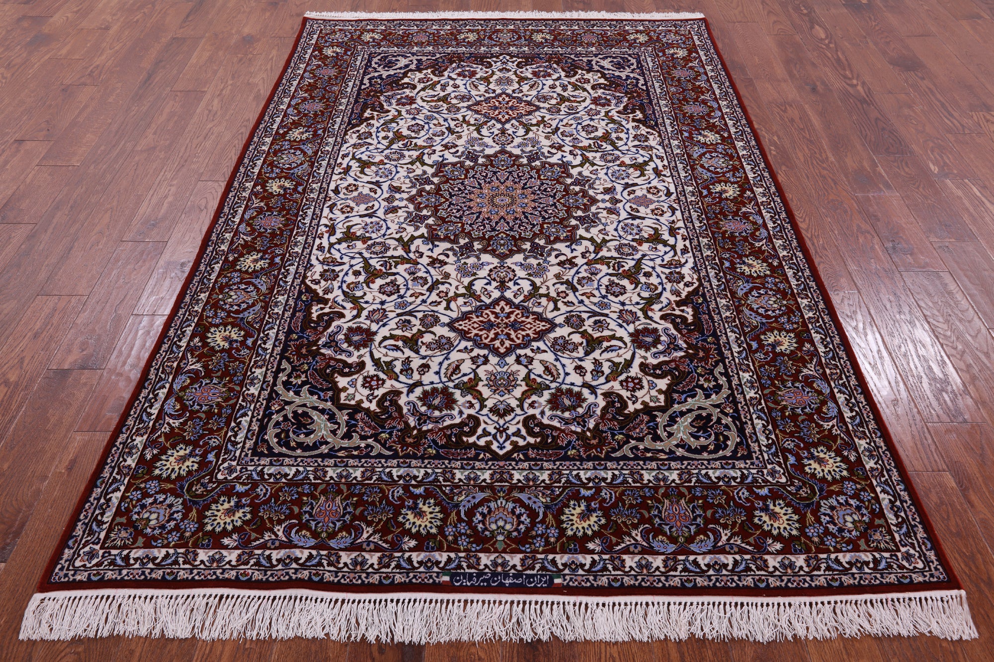 Ivory Handmade Authentic Signed Isfahan Wool & Silk Persian Rug - 5' 3" X 7' 10" - Golden Nile