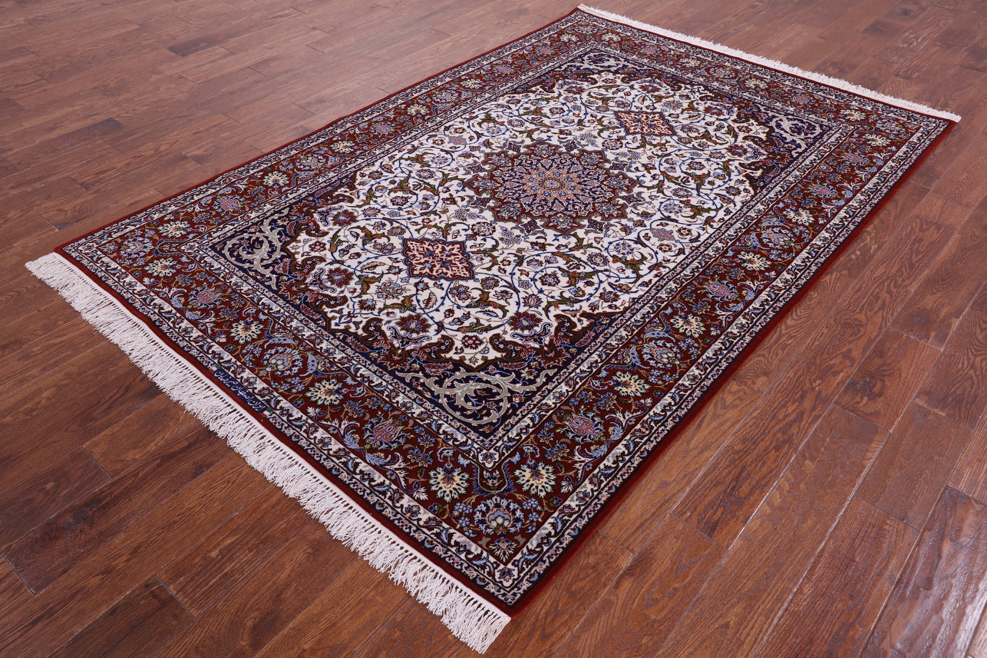 Ivory Handmade Authentic Signed Isfahan Wool & Silk Persian Rug - 5' 3" X 7' 10" - Golden Nile