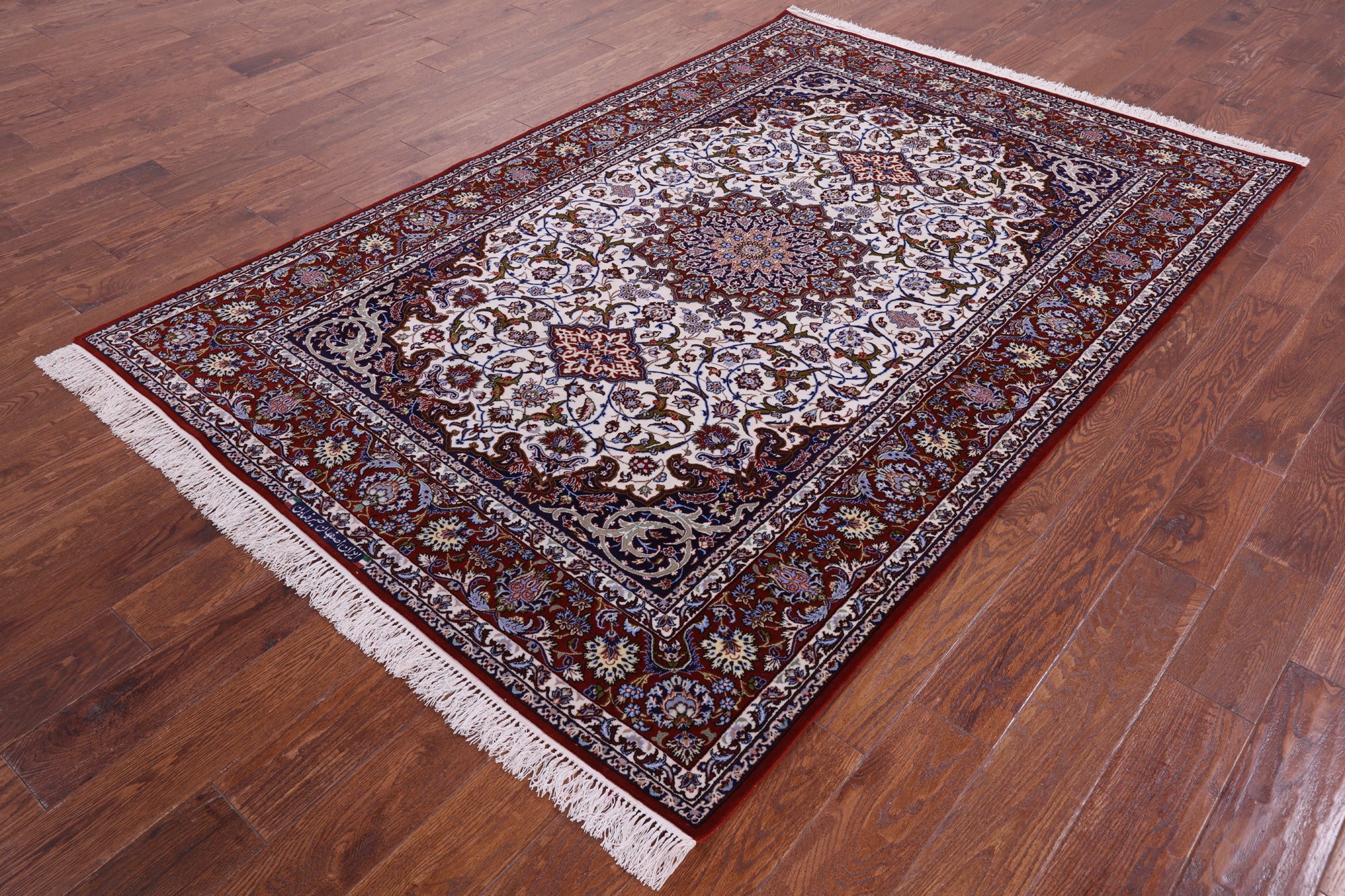 Ivory Handmade Authentic Signed Isfahan Wool & Silk Persian Rug - 5' 3" X 7' 10" - Golden Nile