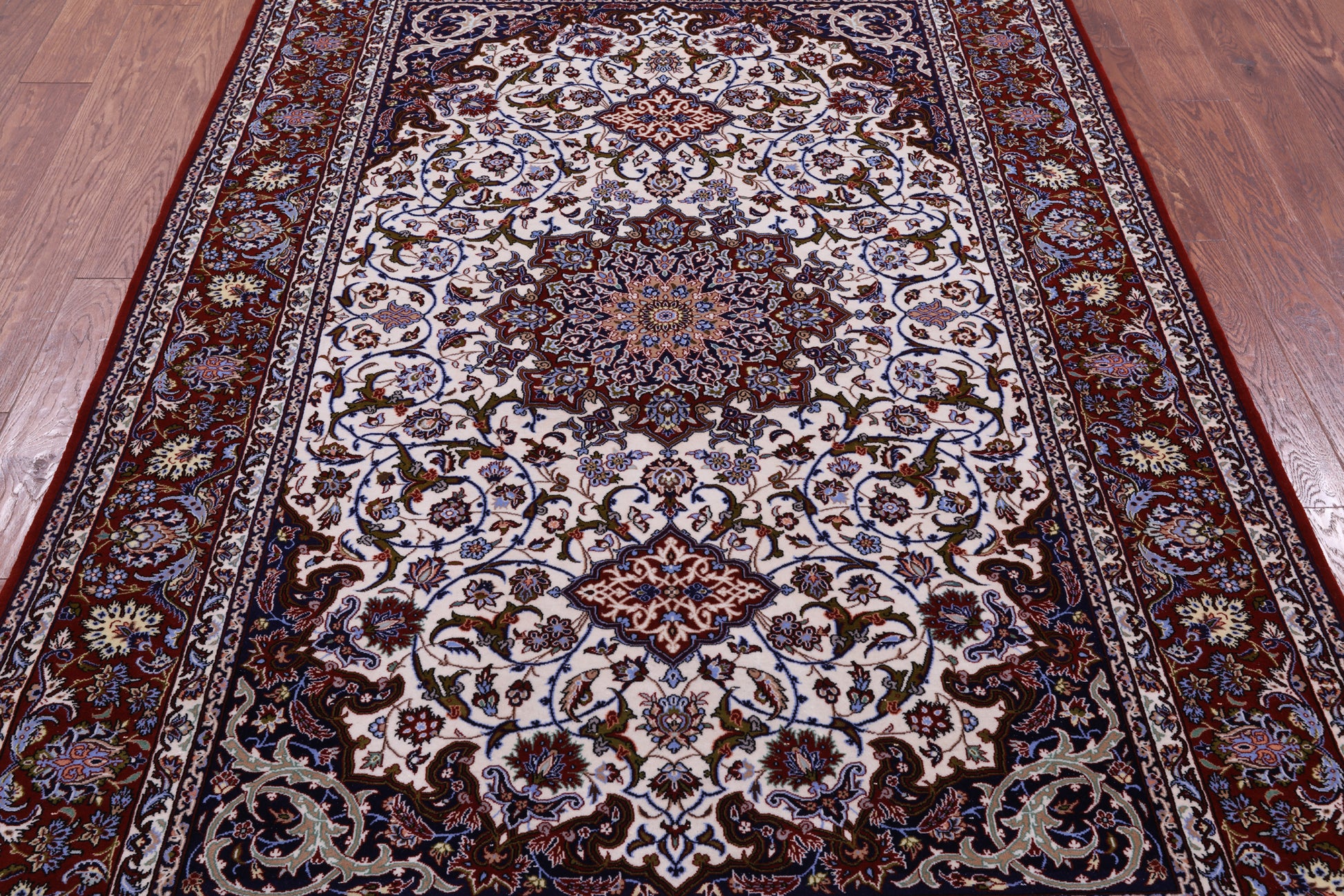 Ivory Handmade Authentic Signed Isfahan Wool & Silk Persian Rug - 5' 3" X 7' 10" - Golden Nile