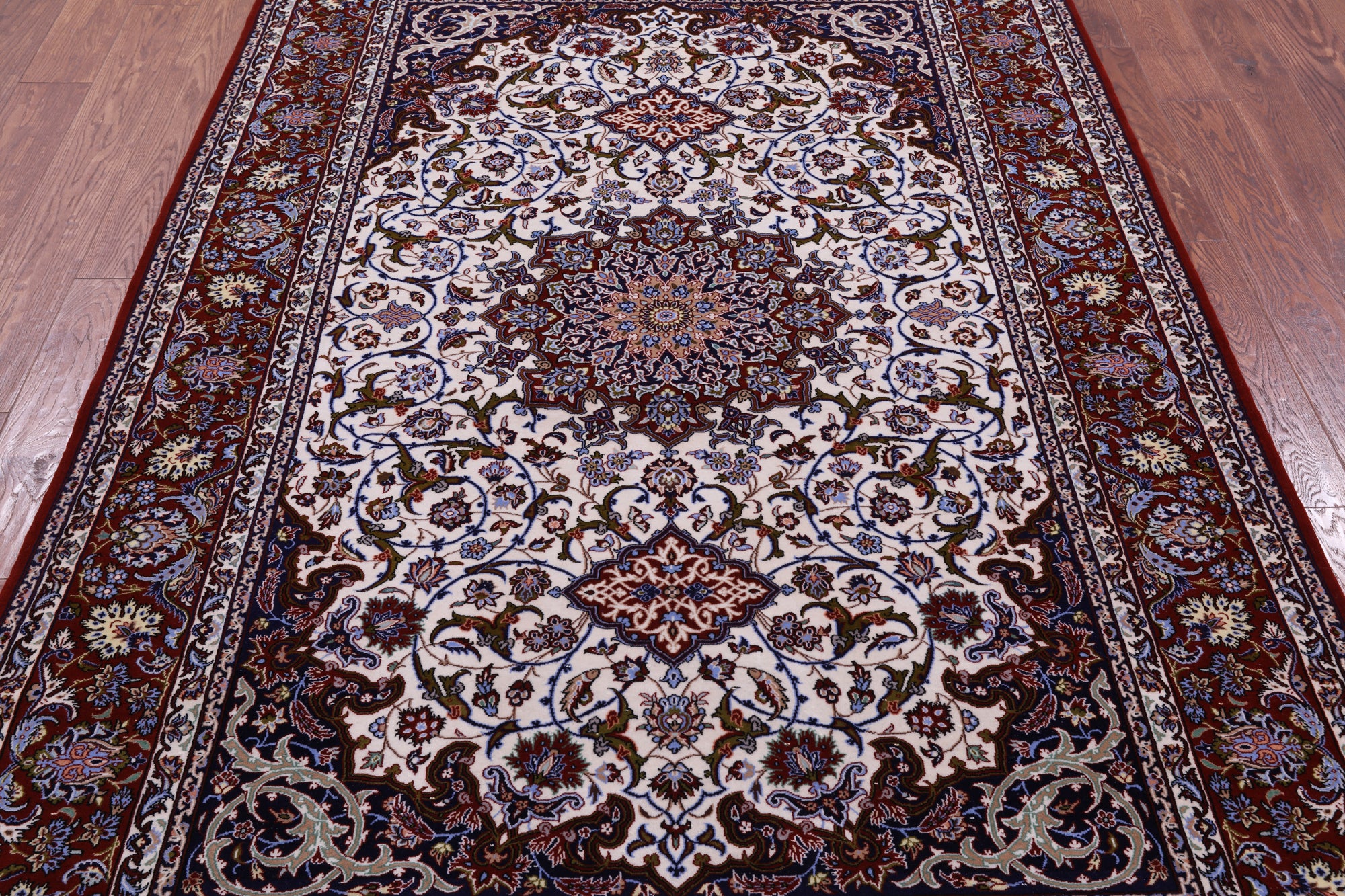 Ivory Handmade Authentic Signed Isfahan Wool & Silk Persian Rug - 5' 3" X 7' 10" - Golden Nile