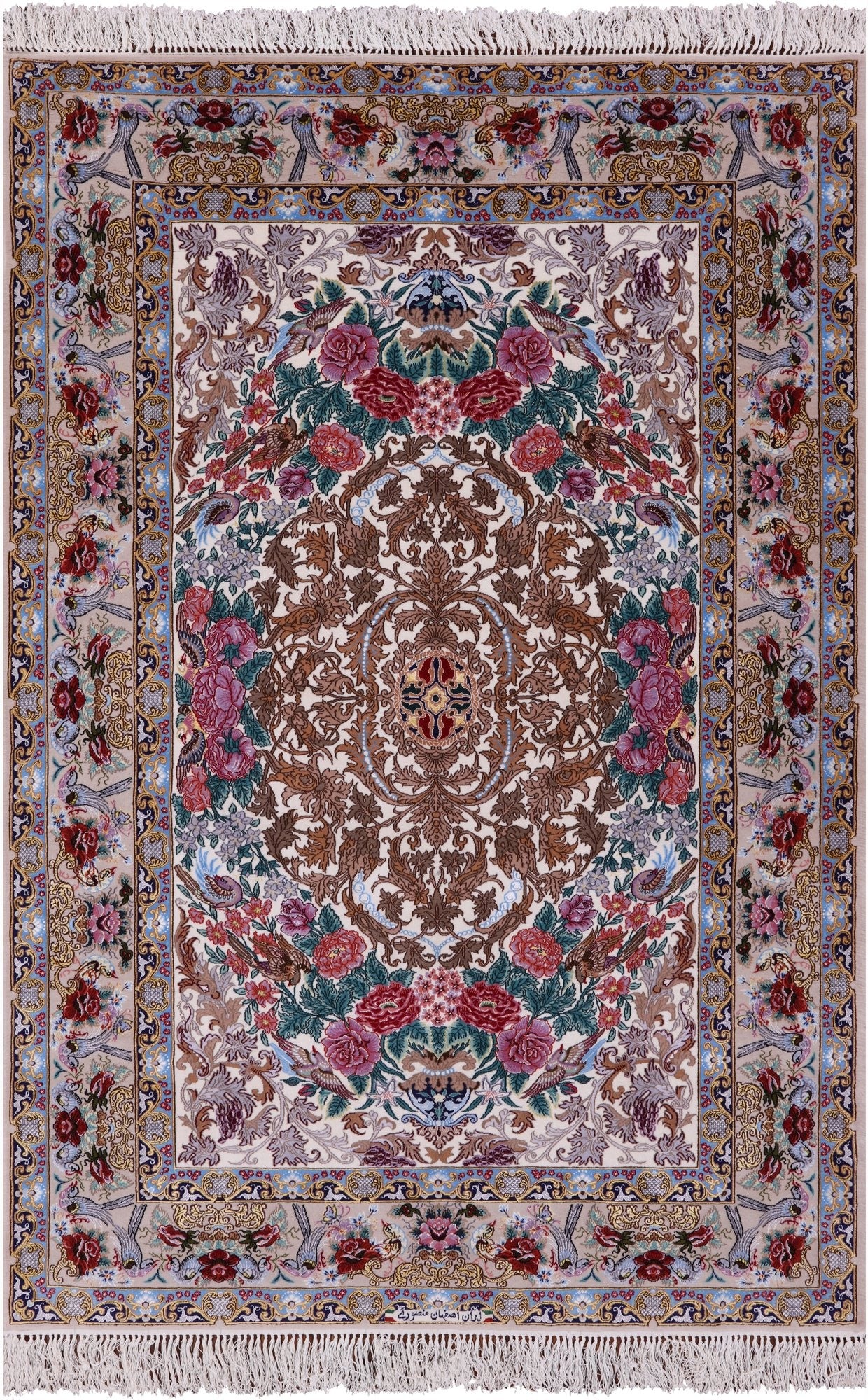 Ivory Isfahan Authentic Persian Hand Knotted Wool & Silk Area Rug - 5' 1" X 7' 4" - Golden Nile