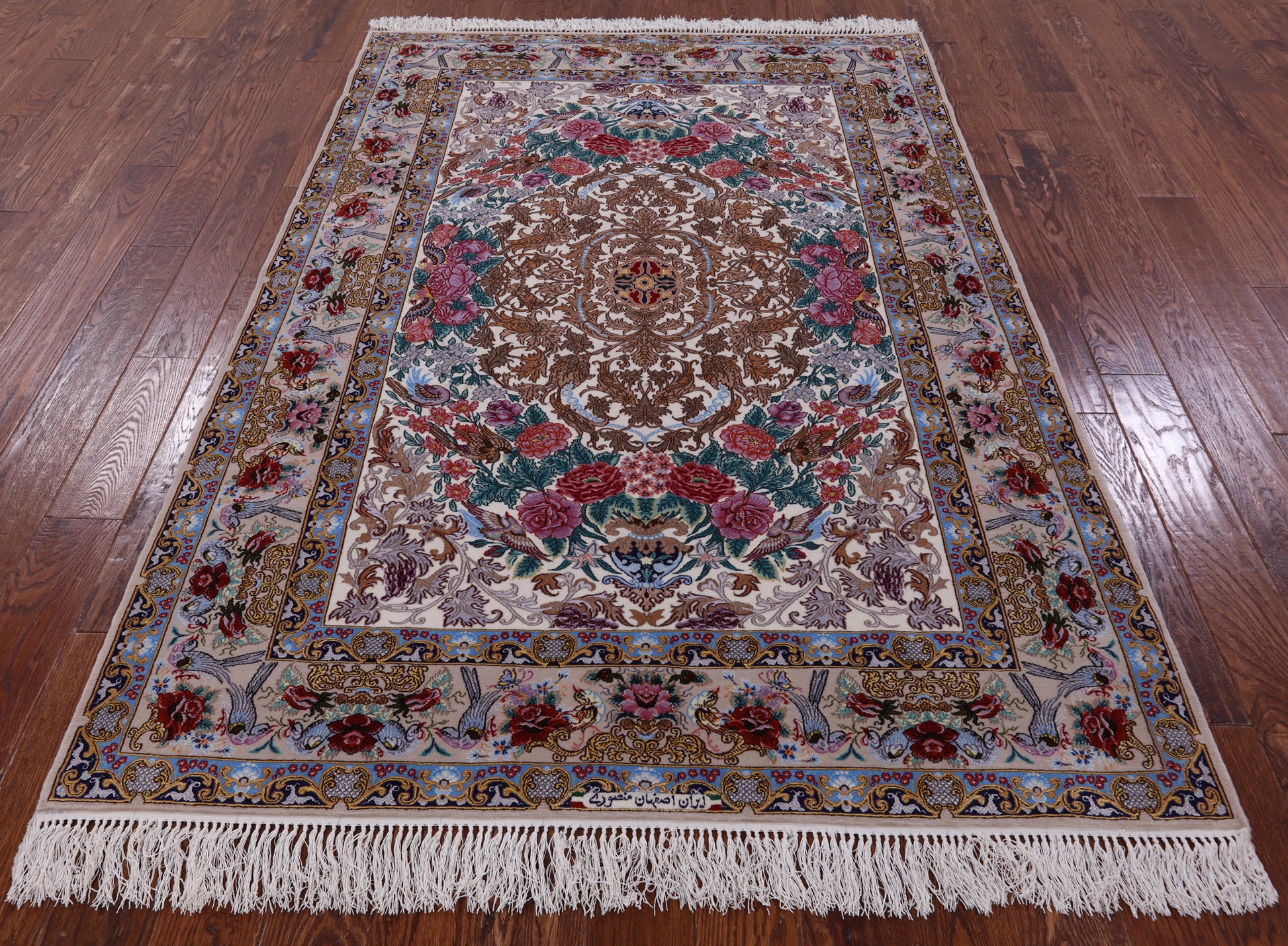 Ivory Isfahan Authentic Persian Hand Knotted Wool & Silk Area Rug - 5' 1" X 7' 4" - Golden Nile