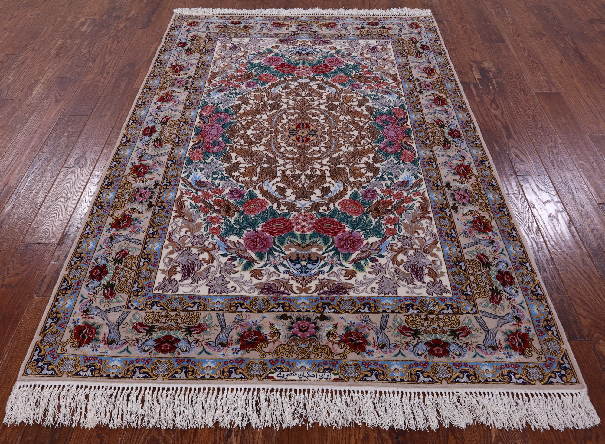 Ivory Isfahan Authentic Persian Hand Knotted Wool & Silk Area Rug - 5' 1" X 7' 4" - Golden Nile