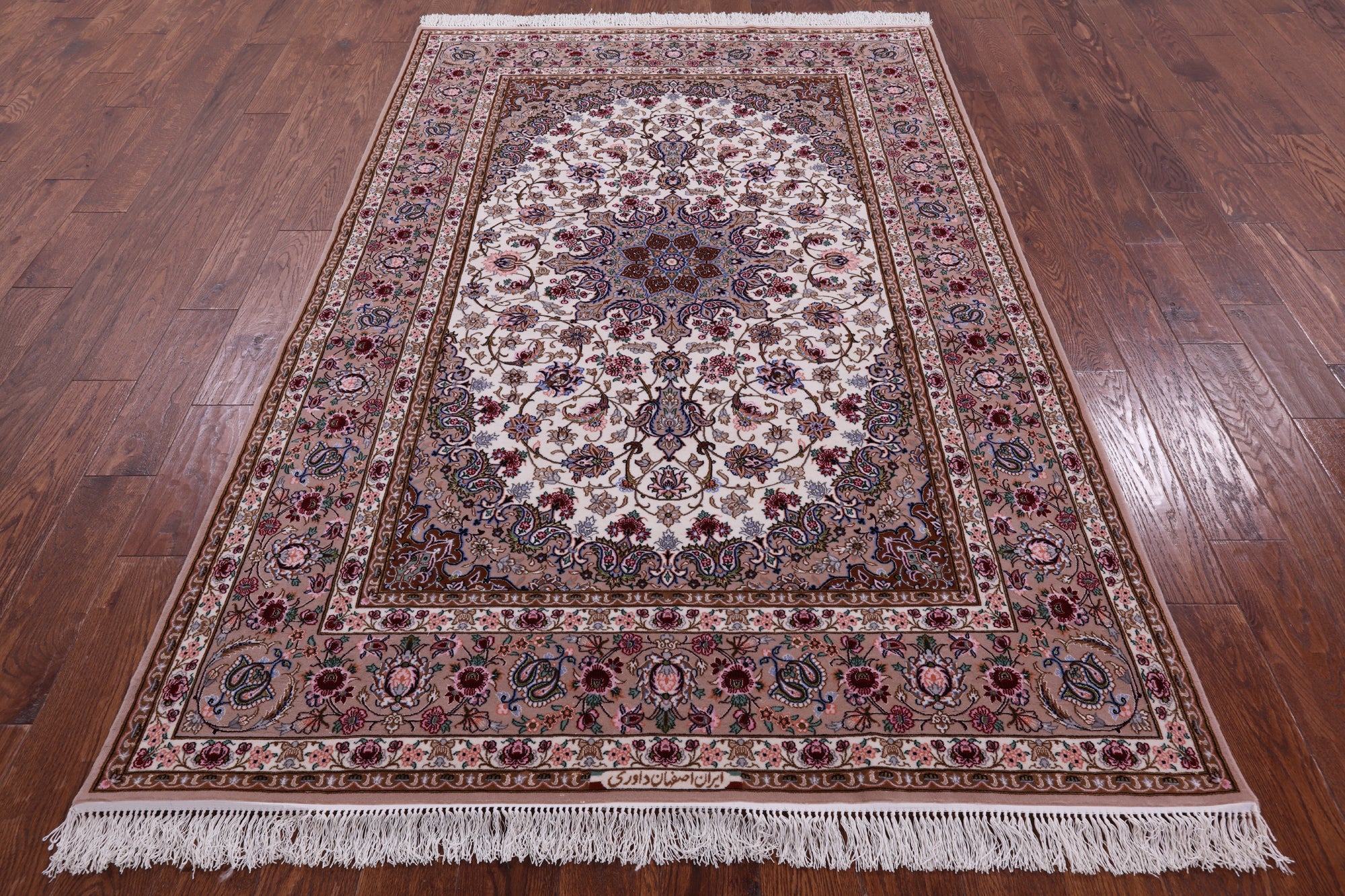 Ivory Isfahan Authentic Persian Hand Knotted Wool & Silk Area Rug - 5' 2" X 7' 9" - Golden Nile