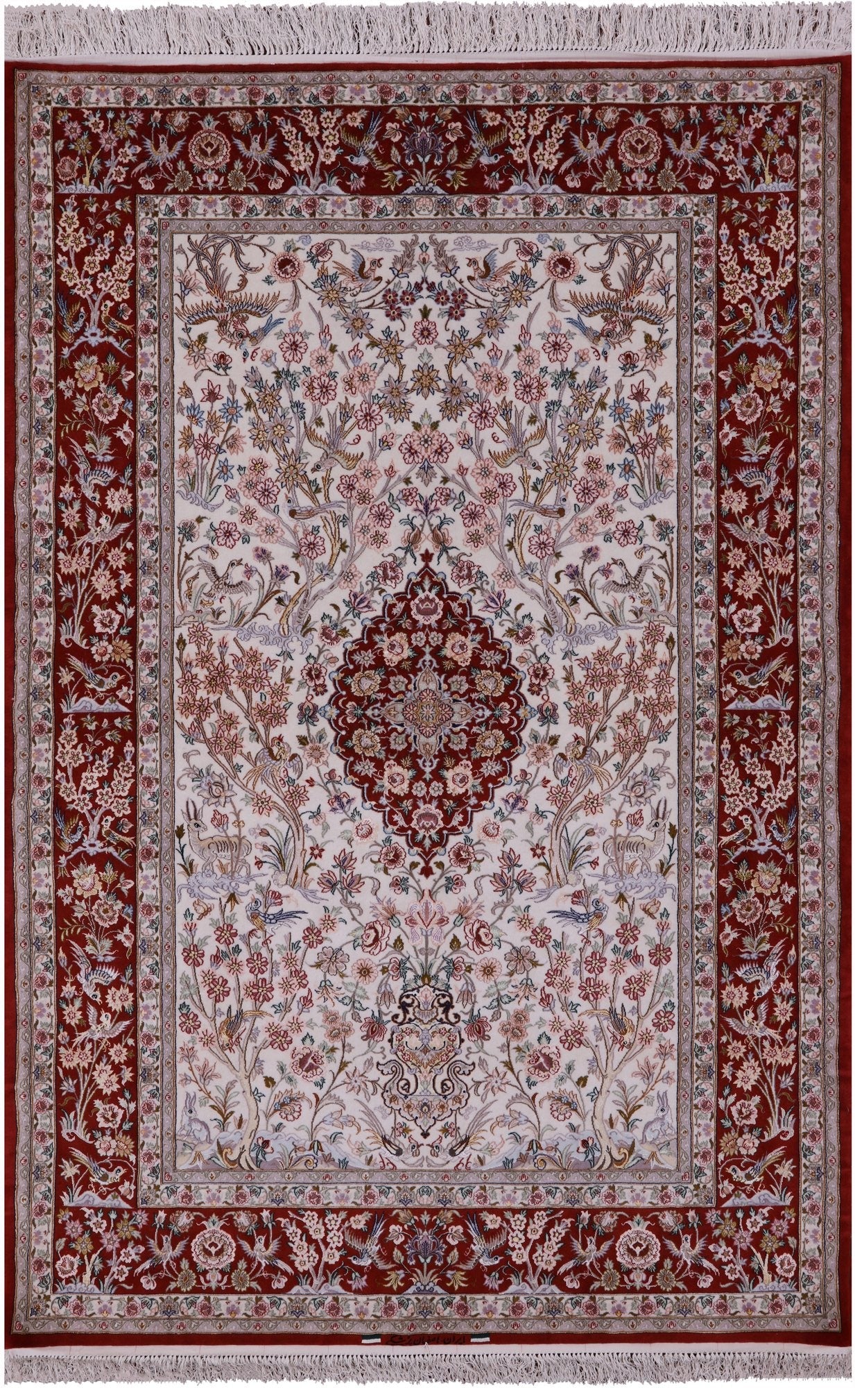 Ivory Isfahan Authentic Persian Hand Knotted Wool & Silk Area Rug - 5' 1" X 7' 9" - Golden Nile