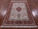 Ivory Isfahan Authentic Persian Hand Knotted Wool & Silk Area Rug - 5' 1" X 7' 9" - Golden Nile