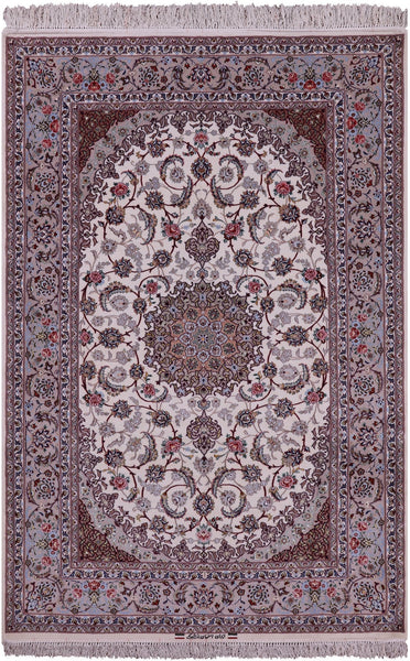 Ivory Isfahan Authentic Persian Hand Knotted Wool & Silk Area Rug - 5' 2" X 7' 9" - Golden Nile