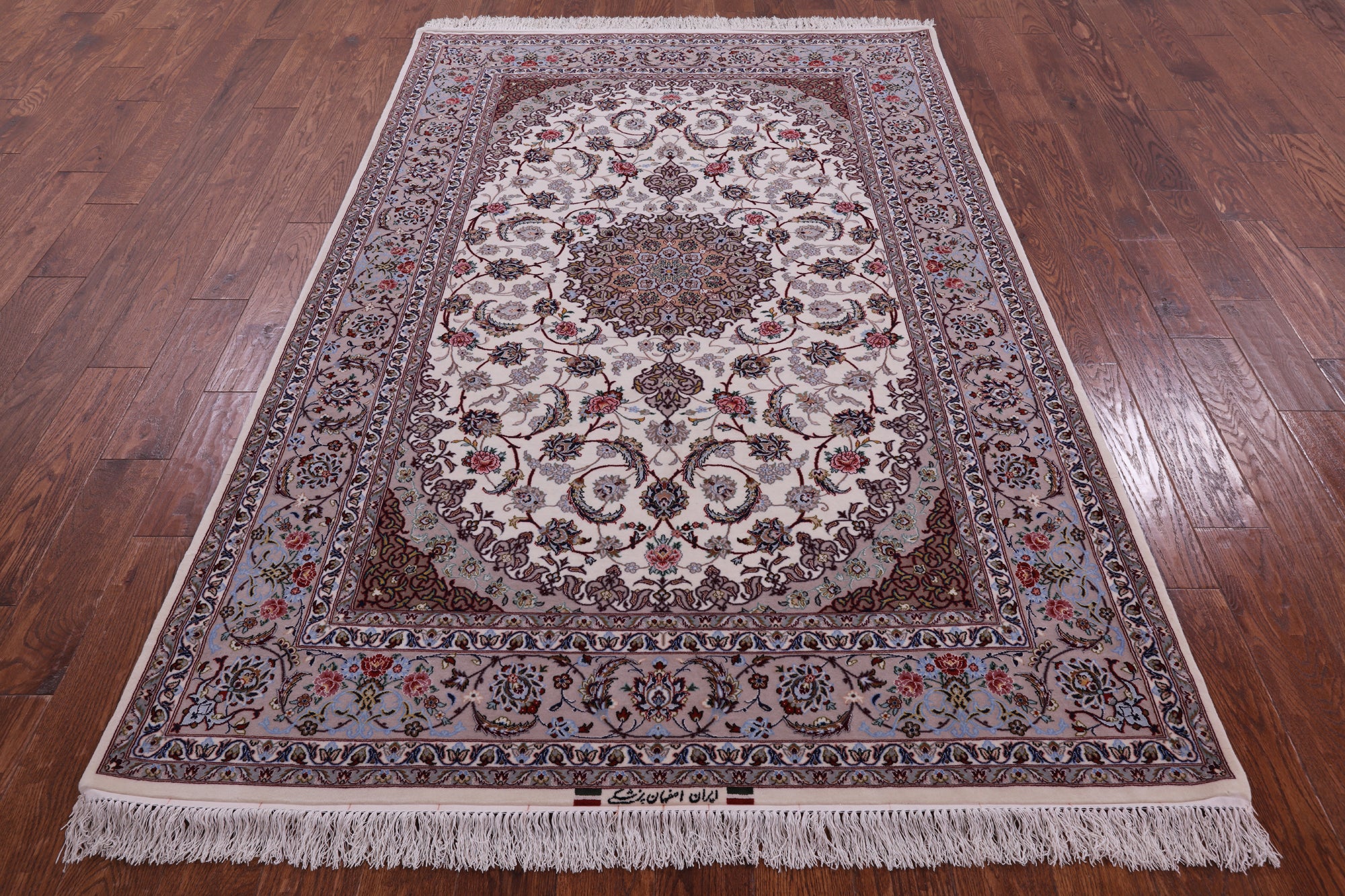 Ivory Isfahan Authentic Persian Hand Knotted Wool & Silk Area Rug - 5' 2" X 7' 9" - Golden Nile
