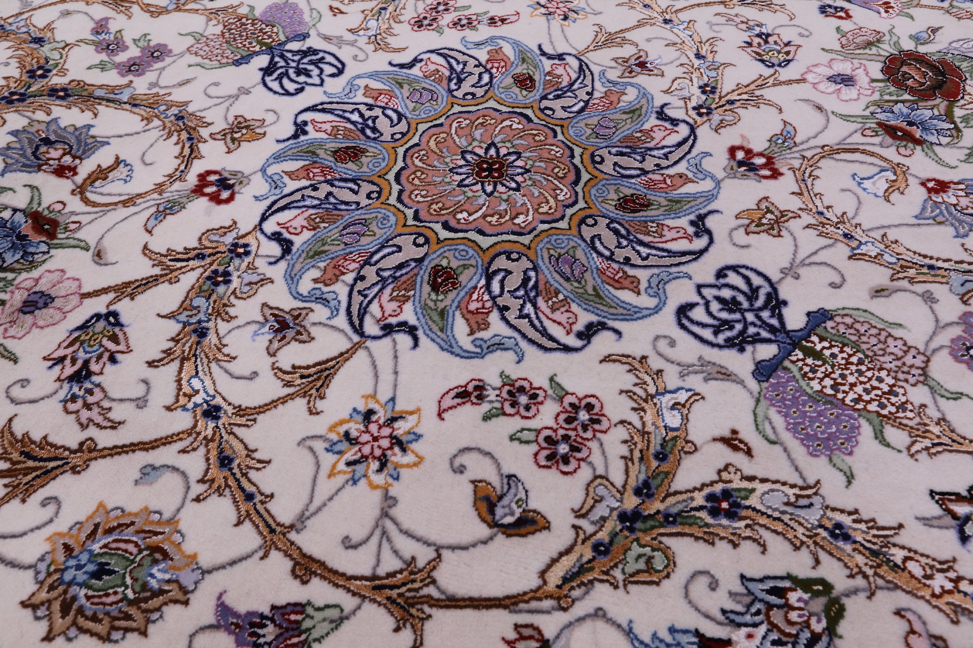 Ivory Persian Signed Authentic Isfahan Wool & Silk Rug - 3' 8" X 5' 4" - Golden Nile