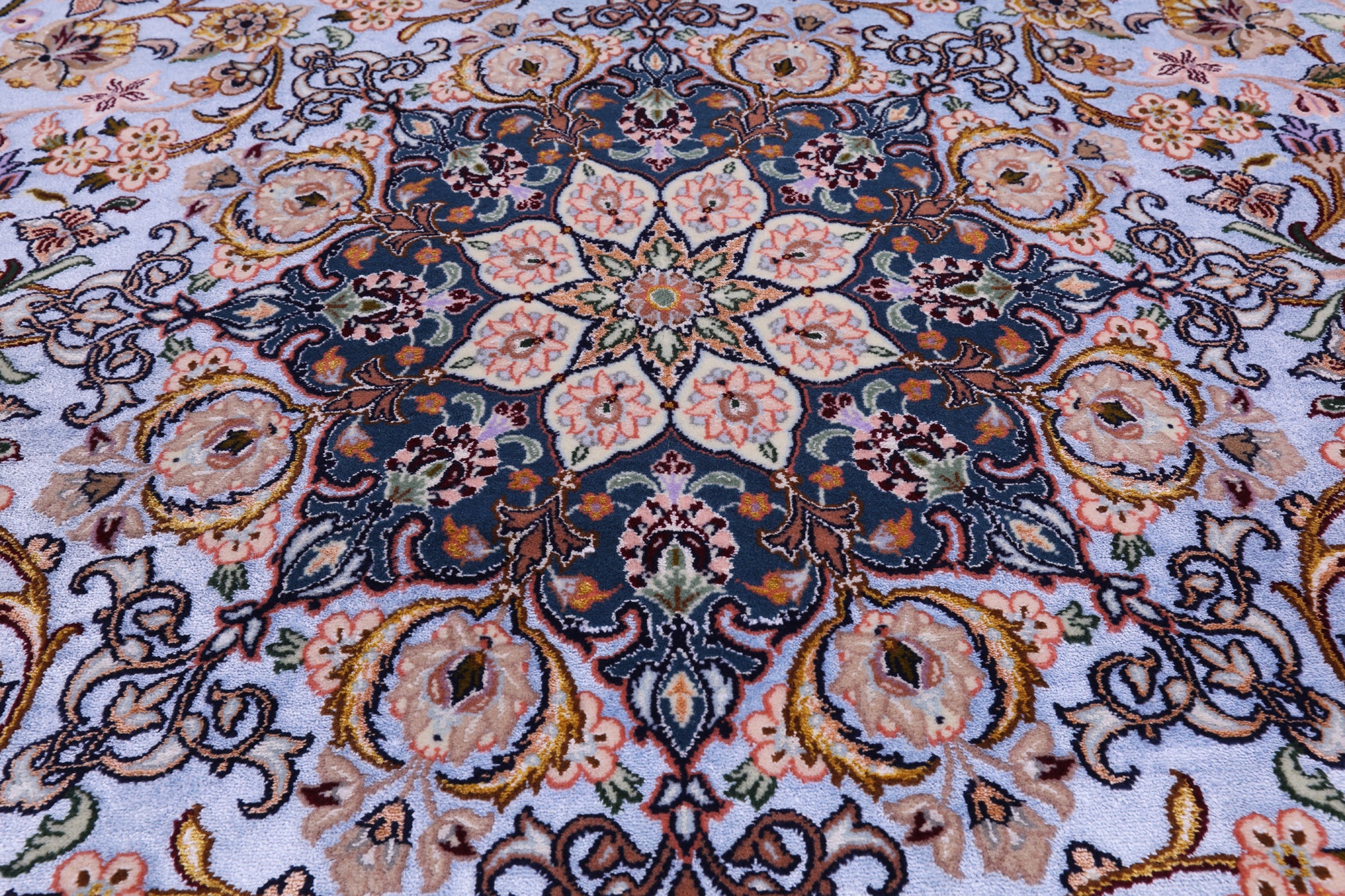Blue Signed Isfahan Authentic Persian Hand Knotted Wool & Silk Area Rug - 5' 0" X 7' 8" - Golden Nile