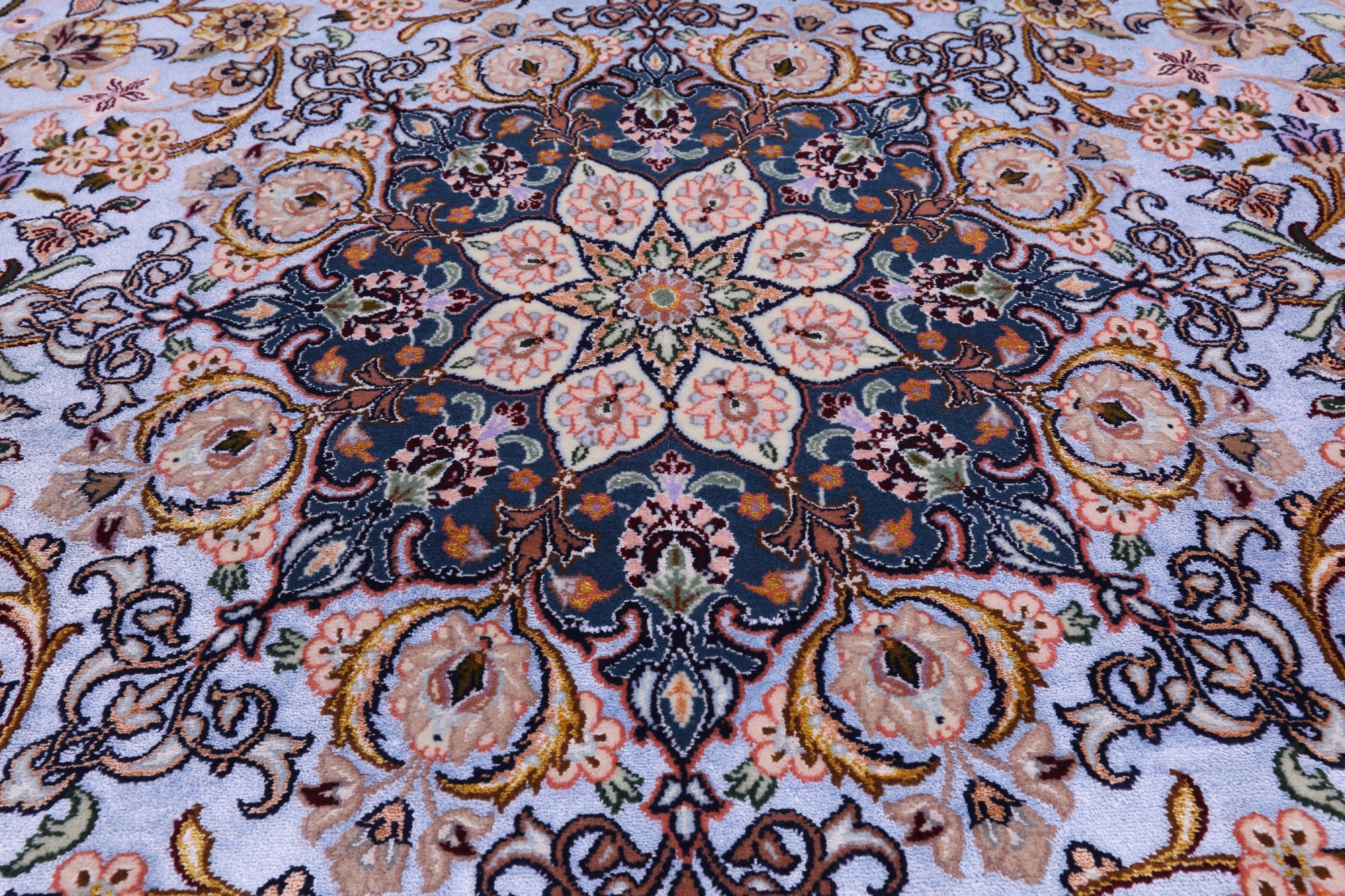 Blue Signed Isfahan Authentic Persian Hand Knotted Wool & Silk Area Rug - 5' 0" X 7' 8" - Golden Nile