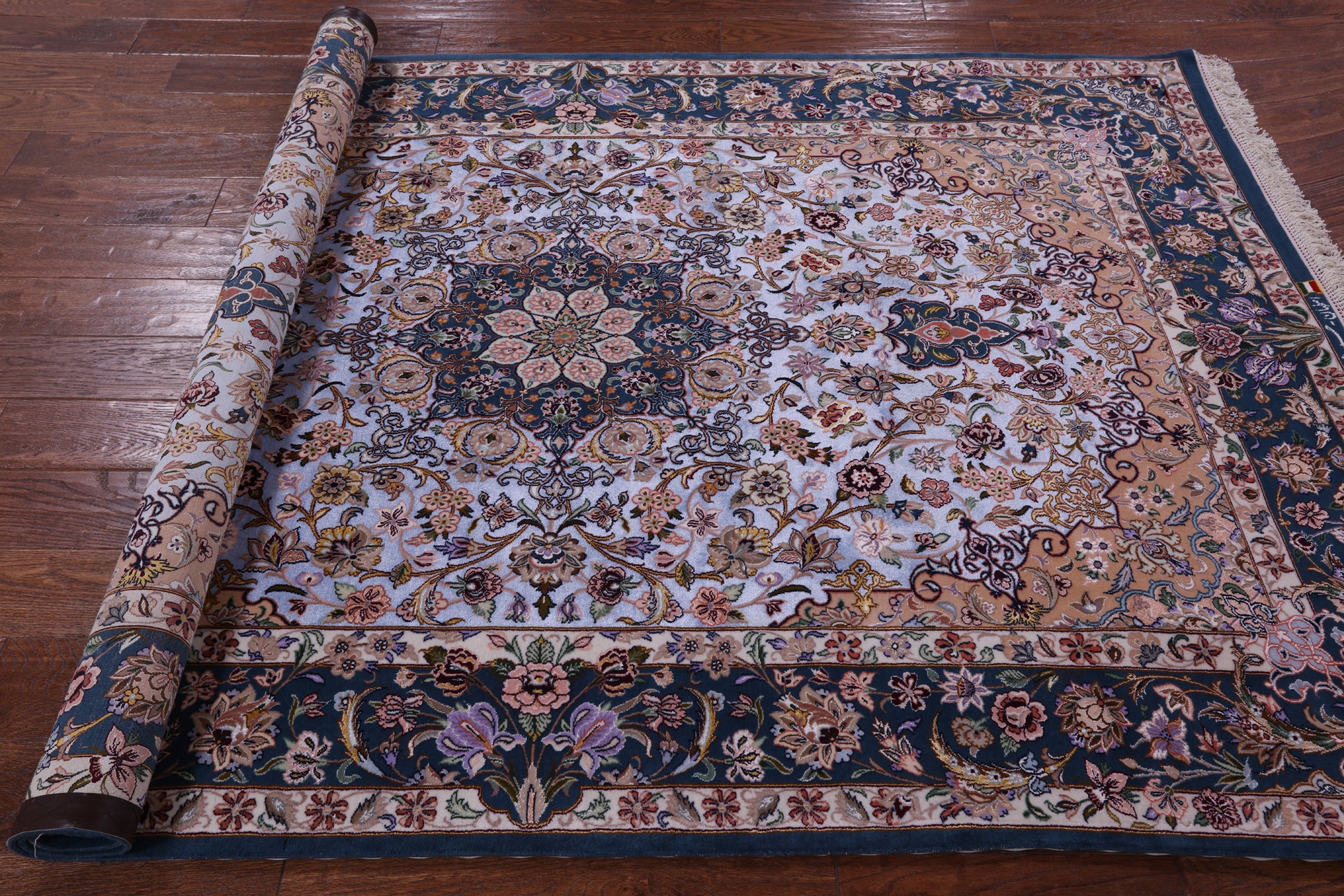 Blue Signed Isfahan Authentic Persian Hand Knotted Wool & Silk Area Rug - 5' 0" X 7' 8" - Golden Nile