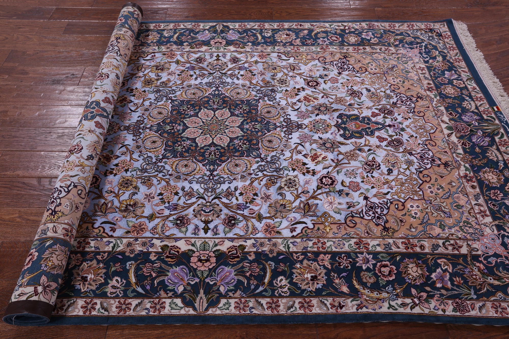 Blue Signed Isfahan Authentic Persian Hand Knotted Wool & Silk Area Rug - 5' 0" X 7' 8" - Golden Nile