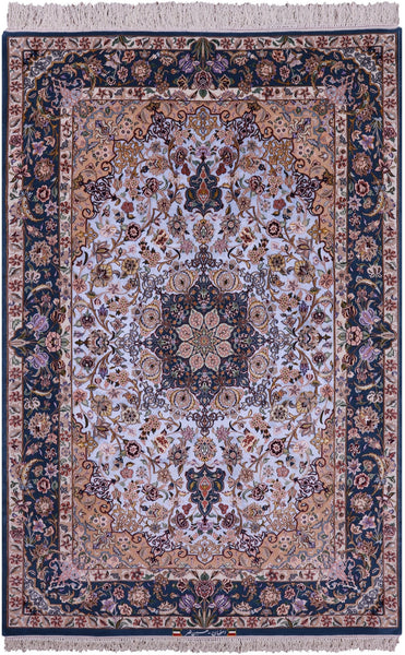 Blue Signed Isfahan Authentic Persian Hand Knotted Wool & Silk Area Rug - 5' 0" X 7' 8" - Golden Nile