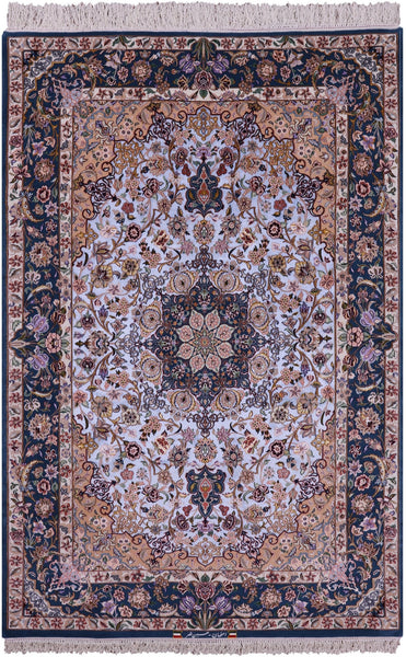 Blue Signed Isfahan Authentic Persian Hand Knotted Wool & Silk Area Rug - 5' 0" X 7' 8" - Golden Nile