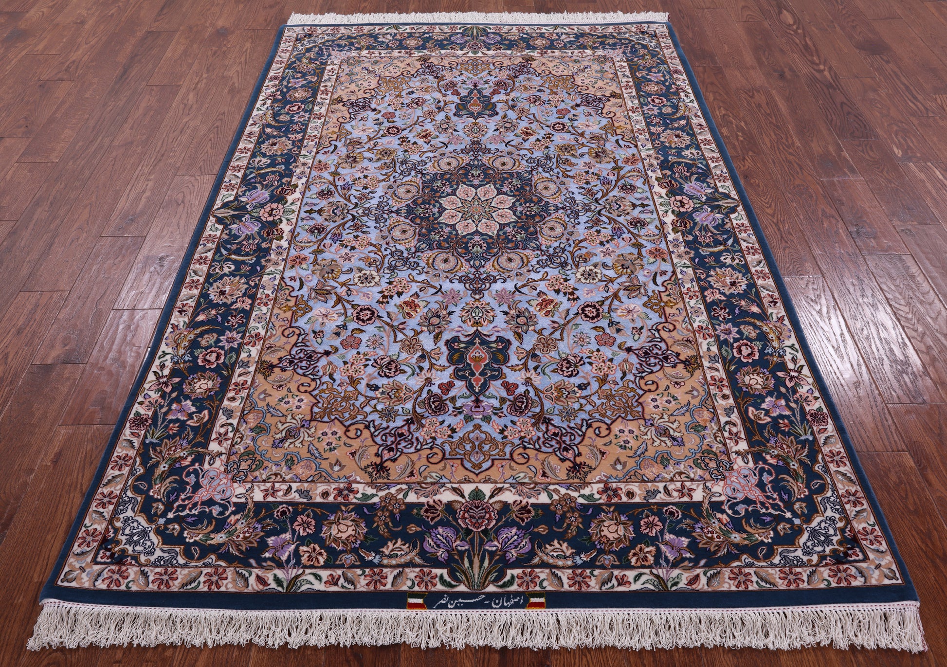 Blue Signed Isfahan Authentic Persian Hand Knotted Wool & Silk Area Rug - 5' 0" X 7' 8" - Golden Nile