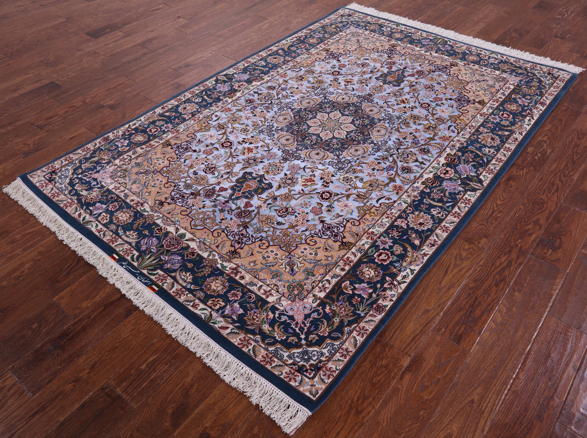 Blue Signed Isfahan Authentic Persian Hand Knotted Wool & Silk Area Rug - 5' 0" X 7' 8" - Golden Nile