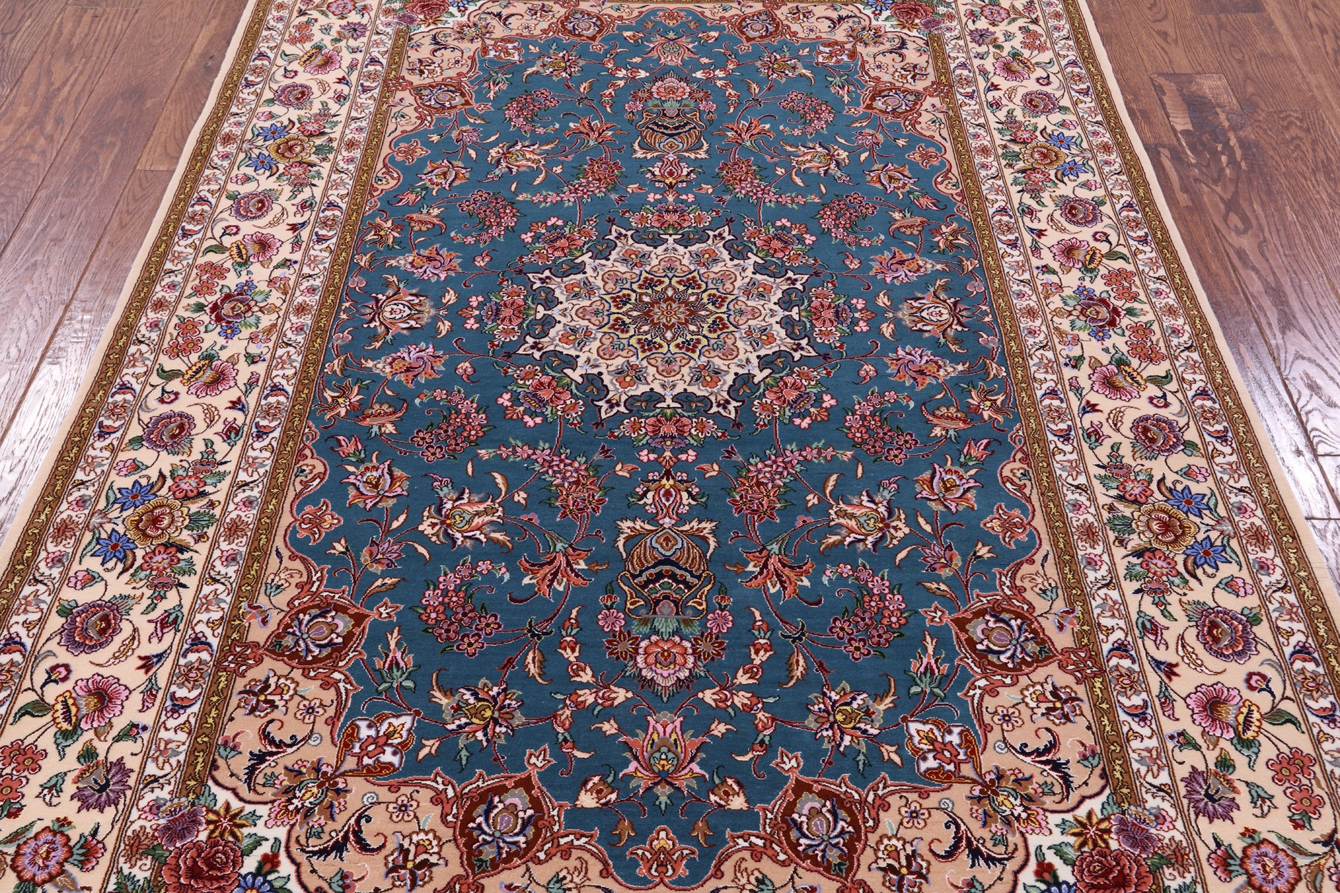 Signed Isfahan Authentic Persian Hand Knotted Wool & Silk Area Rug - 4' 11" X 7' 5" - Golden Nile