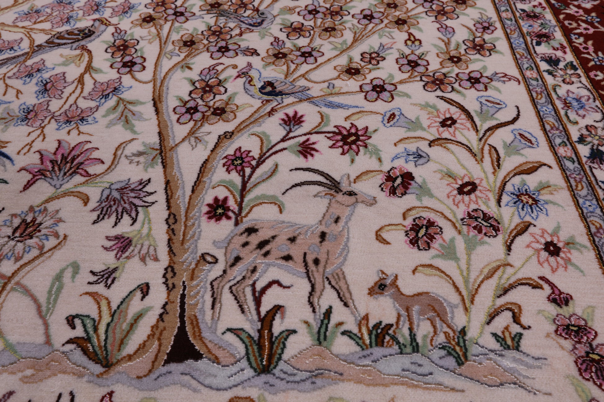 Ivory Signed Isfahan Authentic Persian Pictorial Hand Knotted Wool & Silk Area Rug - 5' 1" X 7' 10" - Golden Nile