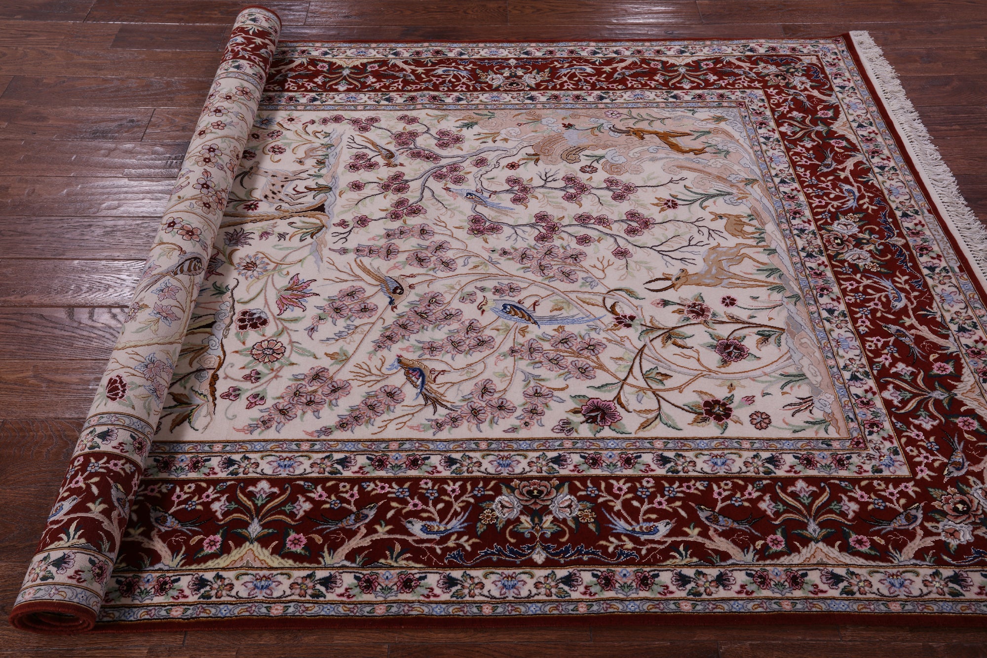 Ivory Signed Isfahan Authentic Persian Pictorial Hand Knotted Wool & Silk Area Rug - 5' 1" X 7' 10" - Golden Nile