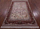 Ivory Signed Isfahan Authentic Persian Pictorial Hand Knotted Wool & Silk Area Rug - 5' 1" X 7' 10" - Golden Nile