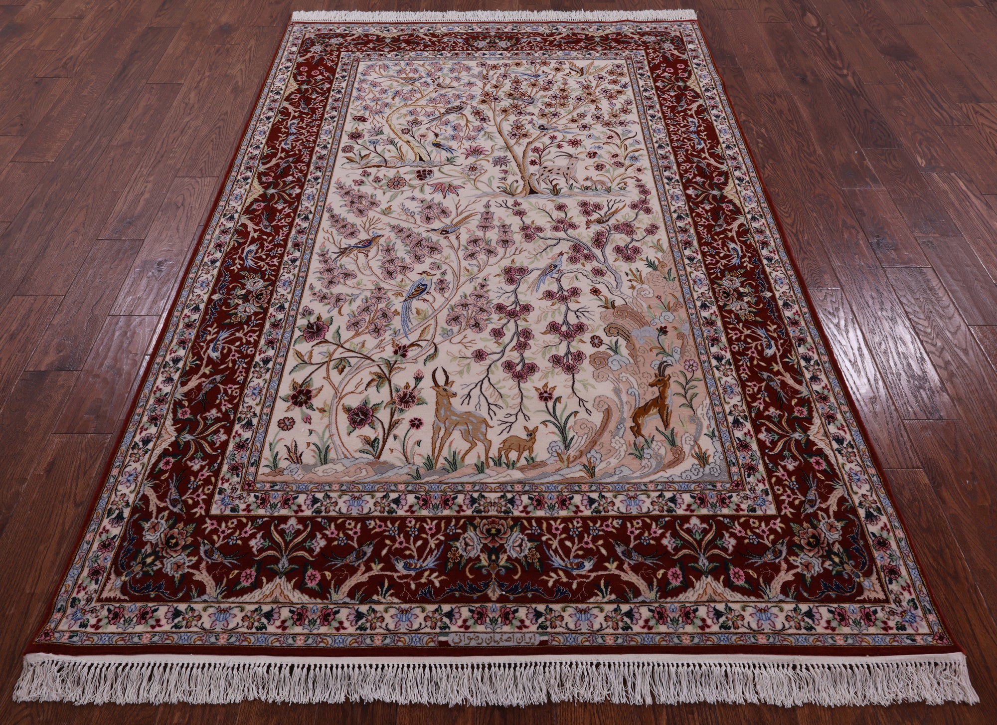 Ivory Signed Isfahan Authentic Persian Pictorial Hand Knotted Wool & Silk Area Rug - 5' 1" X 7' 10" - Golden Nile