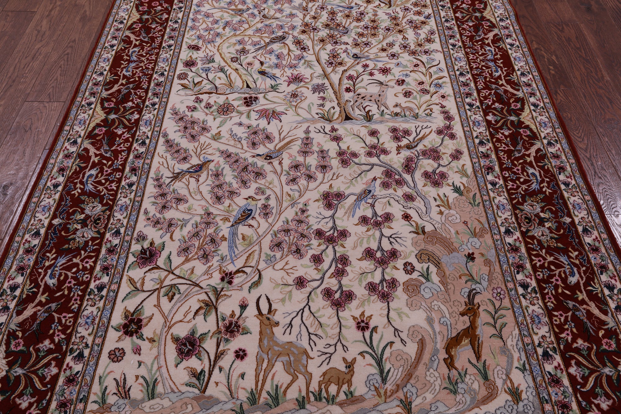 Ivory Signed Isfahan Authentic Persian Pictorial Hand Knotted Wool & Silk Area Rug - 5' 1" X 7' 10" - Golden Nile