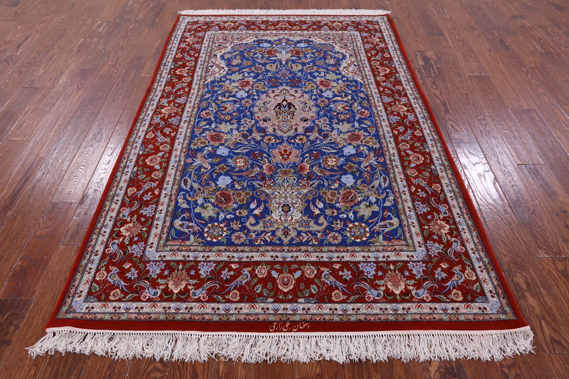 Blue Signed Isfahan Authentic Persian Hand Knotted Wool & Silk Area Rug - 5' 1" X 7' 7" - Golden Nile