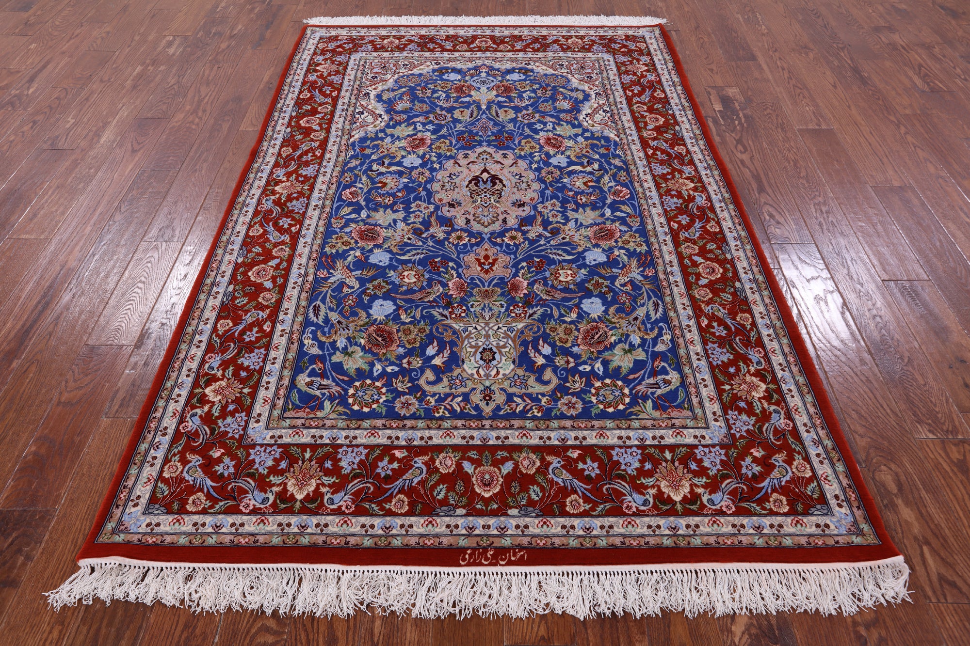 Blue Signed Isfahan Authentic Persian Hand Knotted Wool & Silk Area Rug - 5' 1" X 7' 7" - Golden Nile