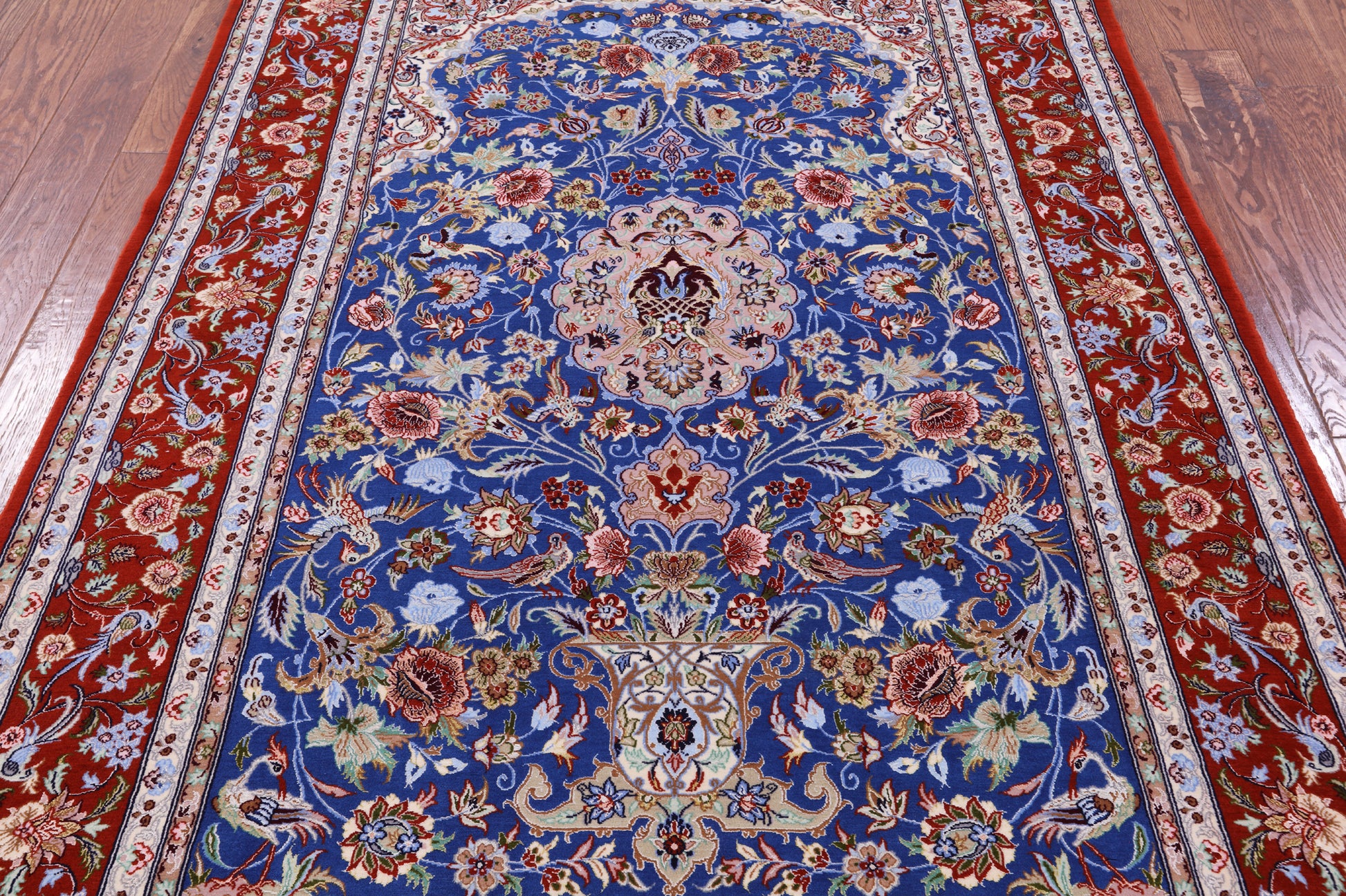 Blue Signed Isfahan Authentic Persian Hand Knotted Wool & Silk Area Rug - 5' 1" X 7' 7" - Golden Nile